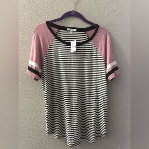Maurices Black and White Striped Top with Pink Sleeves